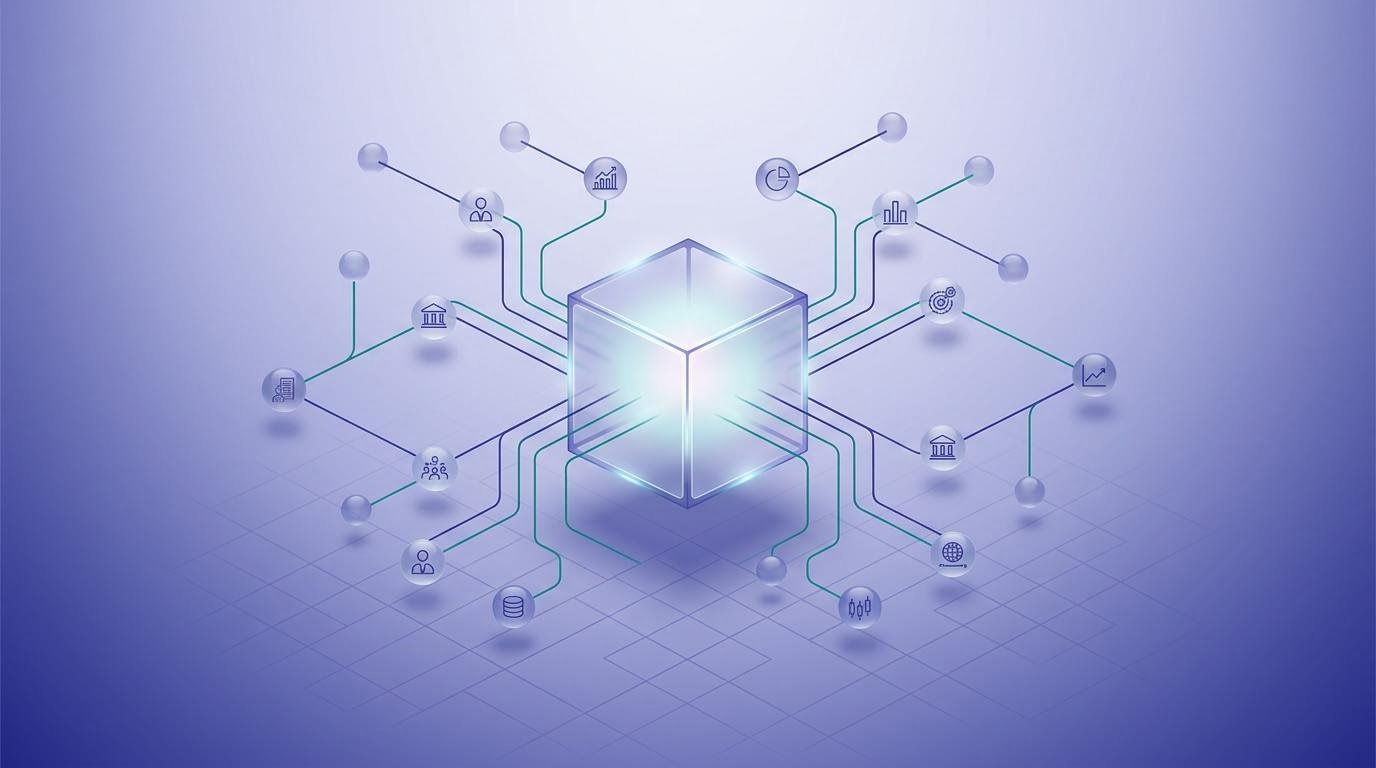 Abstraksi struktur Bursa Efek Indonesia dengan node pusat dan koneksi partisipan di sekitarnya.